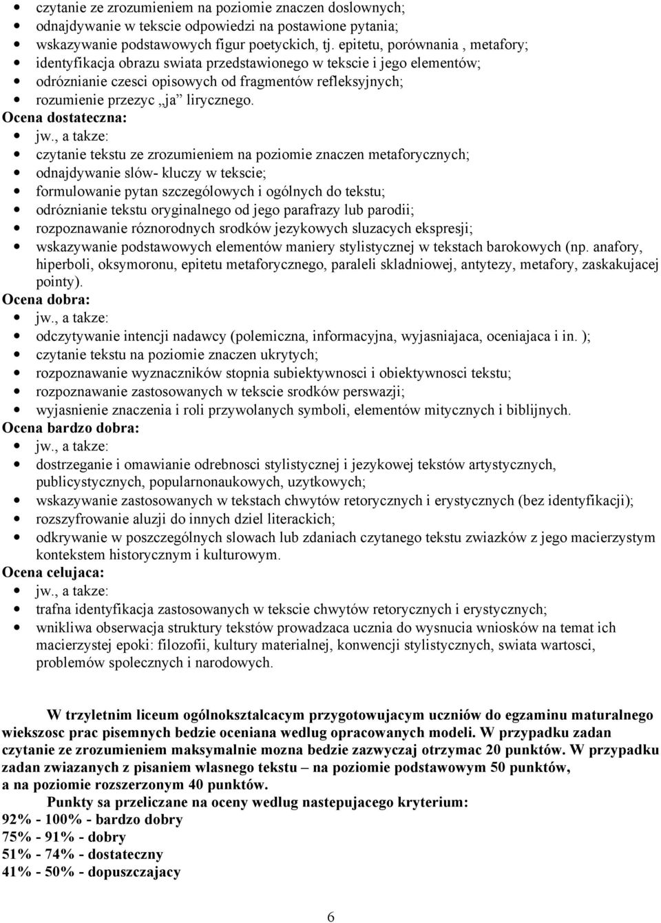 Ocena dostateczna: czytanie tekstu ze zrozumieniem na poziomie znaczen metaforycznych; odnajdywanie slów- kluczy w tekscie; formulowanie pytan szczególowych i ogólnych do tekstu; odróznianie tekstu