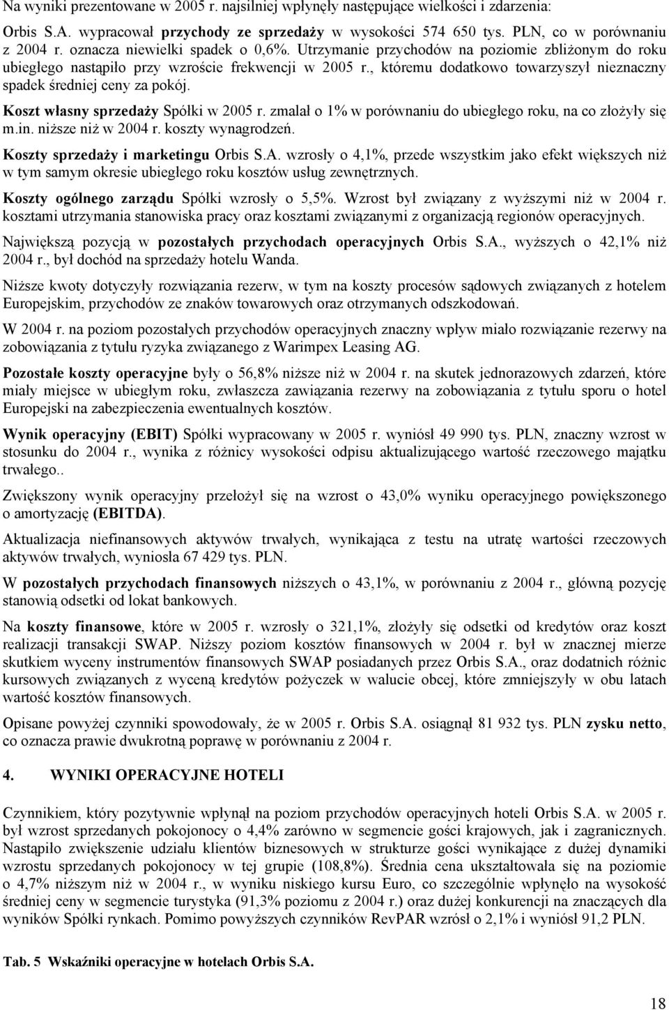 , któremu dodatkowo towarzyszył nieznaczny spadek średniej ceny za pokój. Koszt własny sprzedaży Spółki w 2005 r. zmalał o 1% w porównaniu do ubiegłego roku, na co złożyły się m.in.