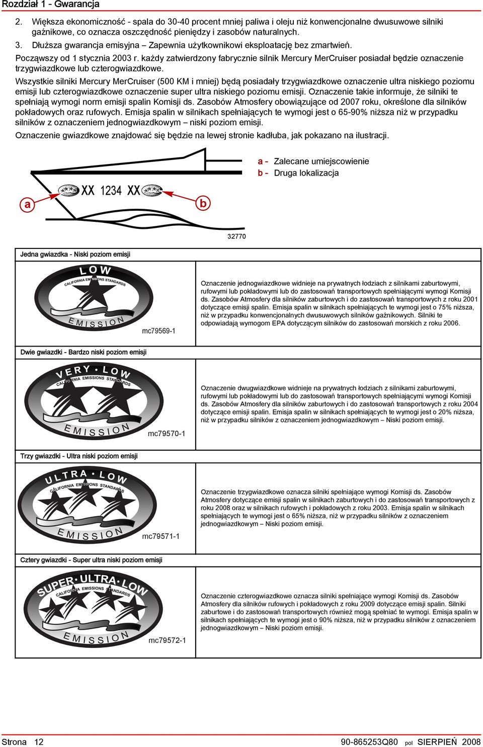 Wszystkie silniki Mercury MerCruiser (500 KM i mniej) będą posidły trzygwizdkowe oznczenie ultr niskiego poziomu emisji lub czterogwizdkowe oznczenie super ultr niskiego poziomu emisji.