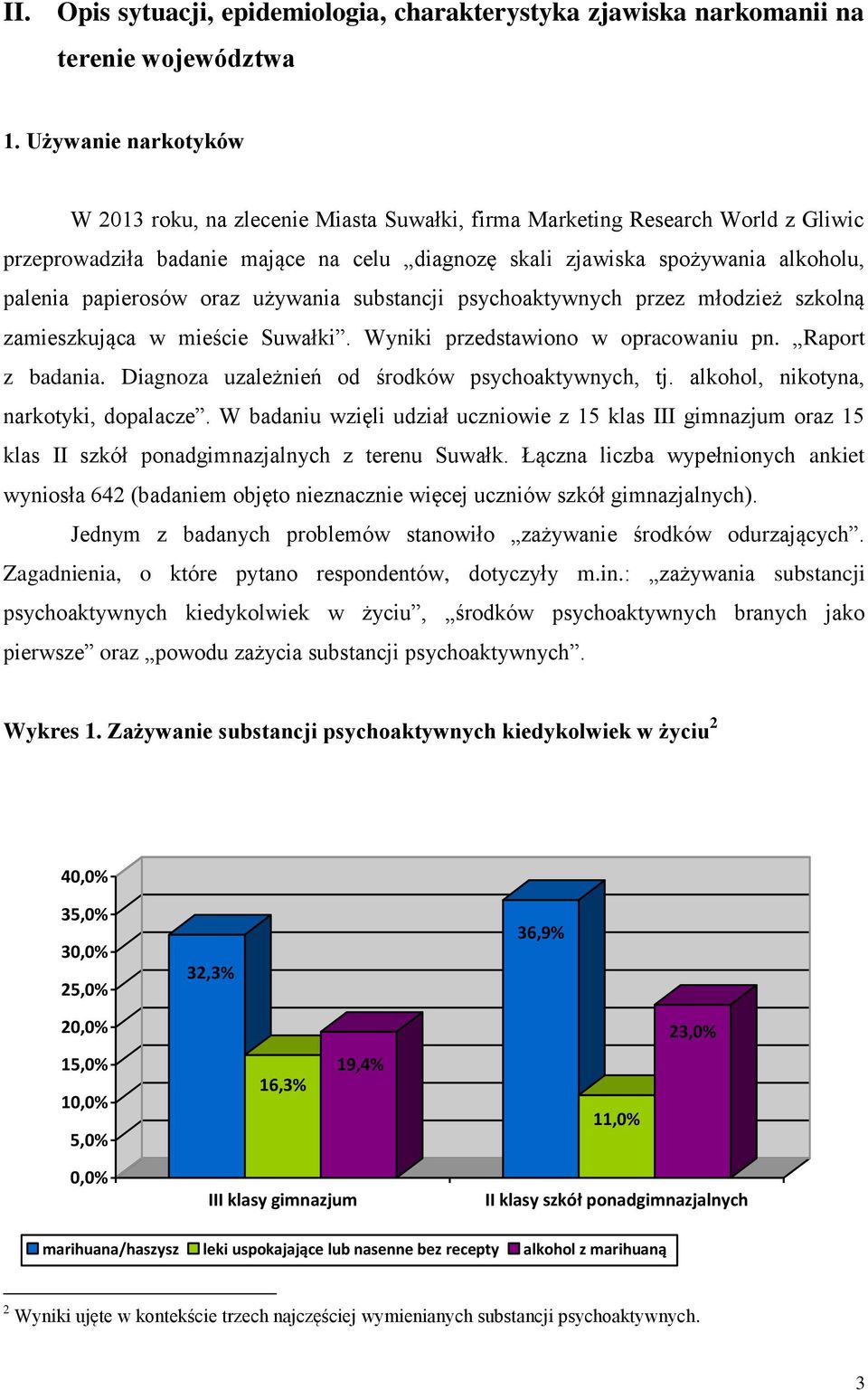 papierosów oraz używania substancji psychoaktywnych przez młodzież szkolną zamieszkująca w mieście Suwałki. Wyniki przedstawiono w opracowaniu pn. Raport z badania.