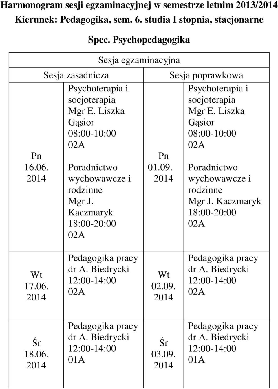 rodzinne Mgr J Kaczmaryk 18:00-20:00 0109 Psychoterapia i socjoterapia Mgr E Liszka Gąsior 08:00-10:00 Poradnictwo