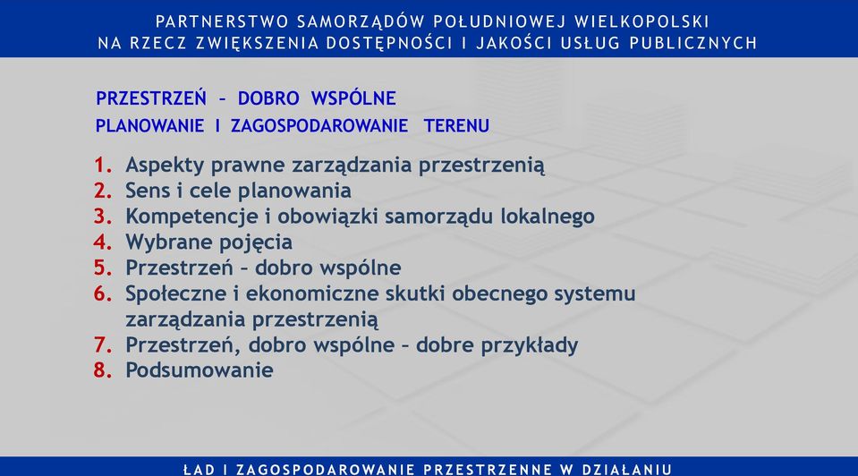 Aspekty prawne zarządzania przestrzenią 2. Sens i cele planowania 3. Kompetencje i obowiązki samorządu lokalnego 4. Wybrane pojęcia 5.