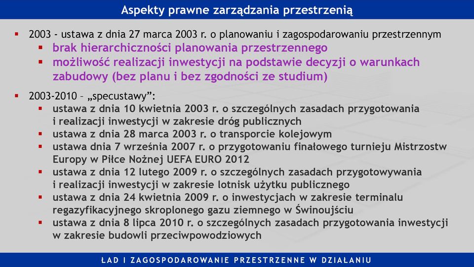 studium) 2003-2010 specustawy : ustawa z dnia 10 kwietnia 2003 r. o szczególnych zasadach przygotowania i realizacji inwestycji w zakresie dróg publicznych ustawa z dnia 28 marca 2003 r.