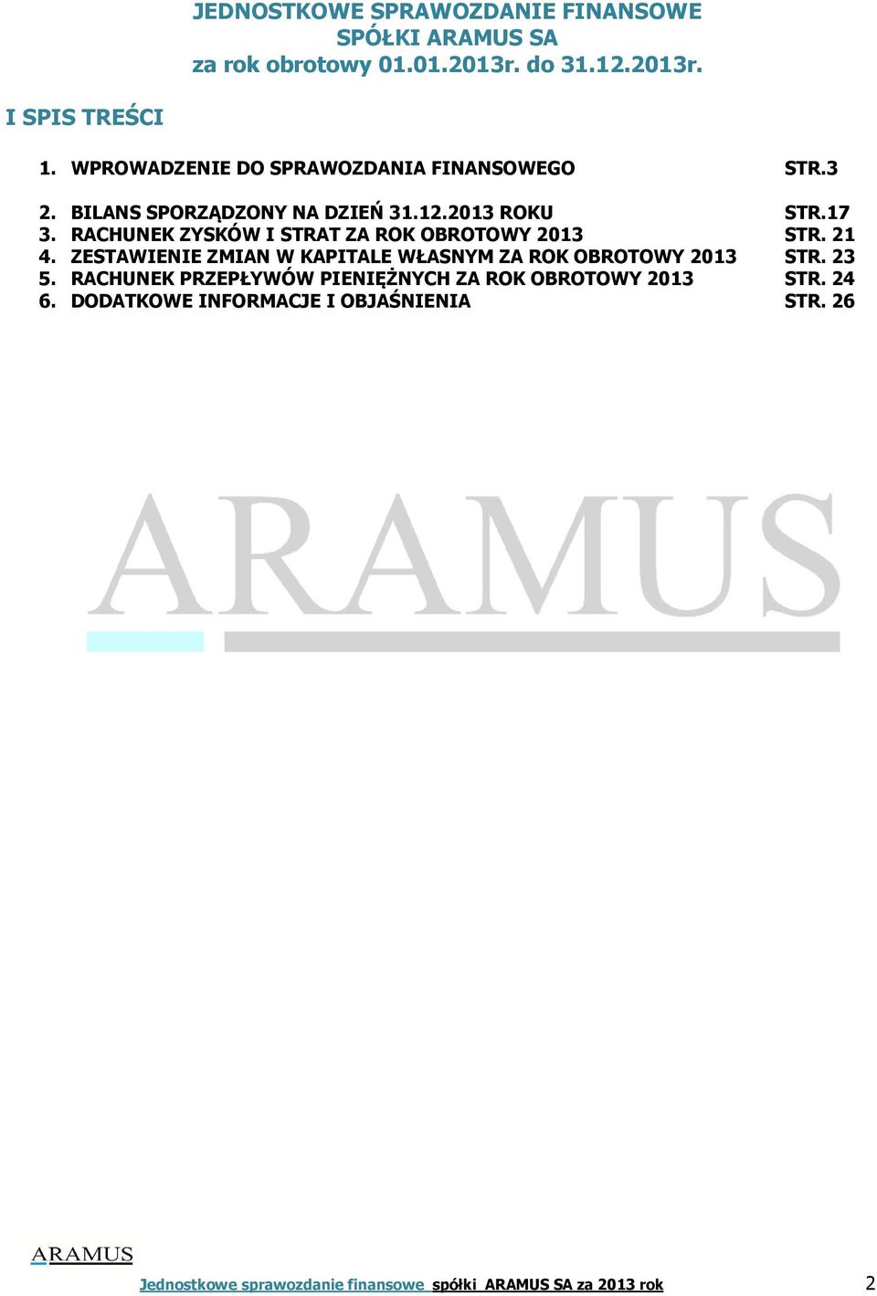 RACHUNEK ZYSKÓW I STRAT ZA ROK OBROTOWY 2013 STR. 21 4. ZESTAWIENIE ZMIAN W KAPITALE WŁASNYM ZA ROK OBROTOWY 2013 STR. 23 5.
