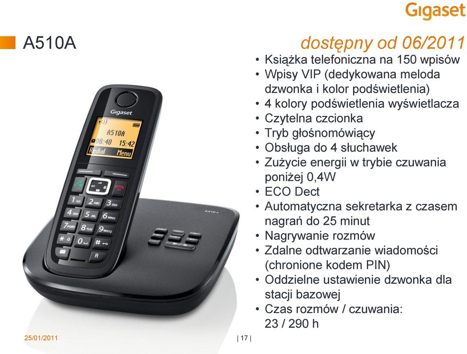 energii w trybie czuwania poniżej 0,4W ECO Dect Automatyczna sekretarka z czasem nagrań do 25 minut Nagrywanie rozmów