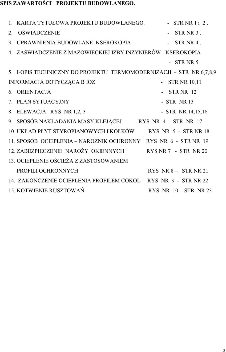 ORIENTACJA - STR NR 12 7. PLAN SYTUACYJNY - STR NR 13 8. ELEWACJA RYS NR 1,2, 3 - STR NR 14,15,16 9. SPOSÓB NAKŁADANIA MASY KLEJĄCEJ RYS NR 4 - STR NR 17 10.