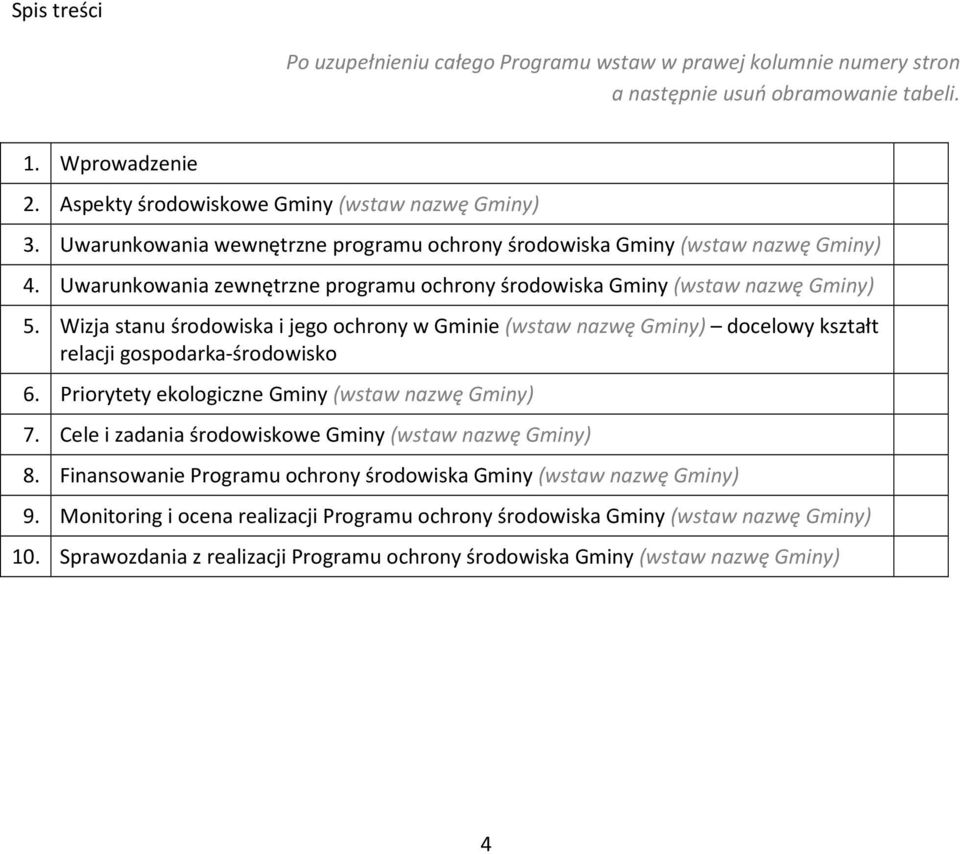 Wizja stanu środowiska i jego ochrony w Gminie (wstaw nazwę Gminy) docelowy kształt relacji gospodarka-środowisko 6. Priorytety ekologiczne Gminy (wstaw nazwę Gminy) 7.