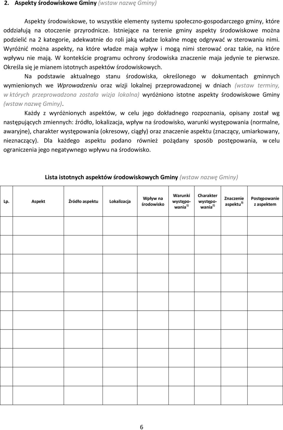 Wyróżnić można aspekty, na które władze maja wpływ i mogą nimi sterować oraz takie, na które wpływu nie mają. W kontekście programu ochrony środowiska znaczenie maja jedynie te pierwsze.