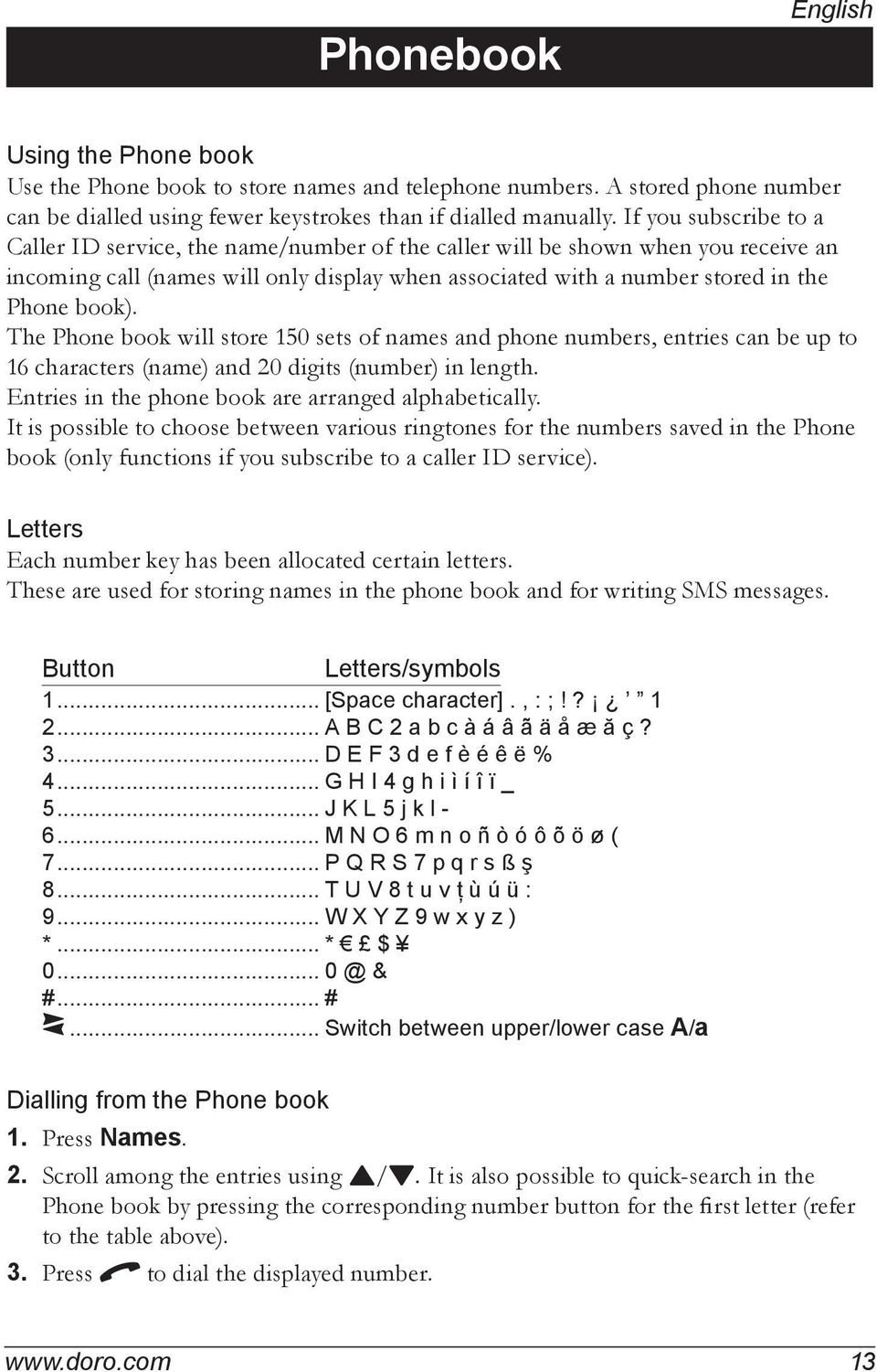 The Phone book will store 150 sets of names and phone numbers, entries can be up to 16 characters (name) and 20 digits (number) in length. Entries in the phone book are arranged alphabetically.