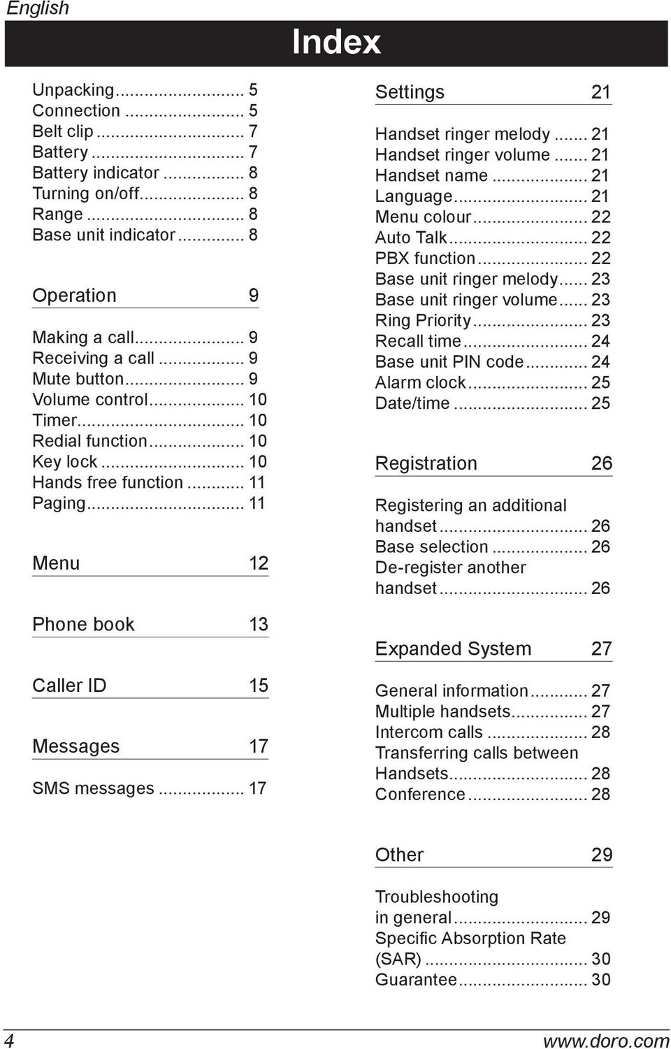 .. 11 Menu 12 Phone book 13 Caller ID 15 Messages 17 SMS messages... 17 Index Settings 21 Handset ringer melody... 21 Handset ringer volume... 21 Handset name... 21 Language... 21 Menu colour.