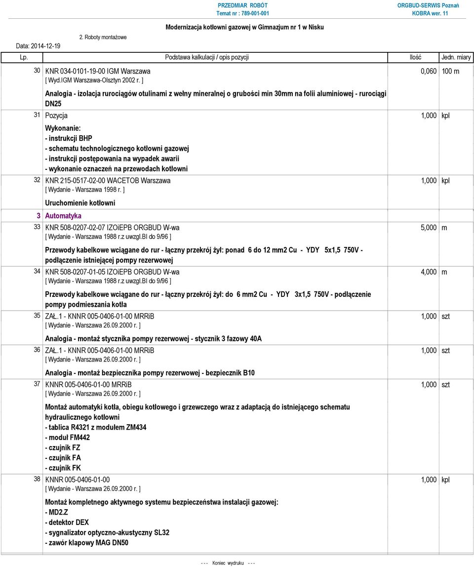 wykonanie oznaczeń na przewodach kotłowni 32 KNR 215-0517-02-00 WACETOB Warszawa 1,000 kpl Uruchomienie kotłowni 3 Automatyka 33 KNR 508-0207-02-07 IZOiEPB ORGBUD W-wa 5,000 m Przewody kabelkowe