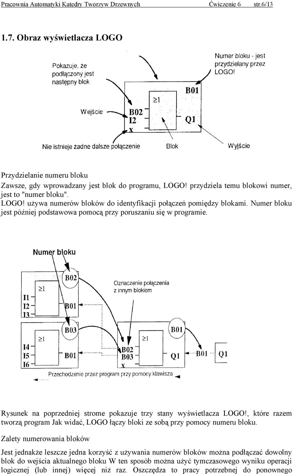 Rysunek na poprzedniej strome pokazuje trzy stany wyświetlacza LOGO!, które razem tworzą program Jak widać, LOGO łączy bloki ze sobą przy pomocy numeru bloku.