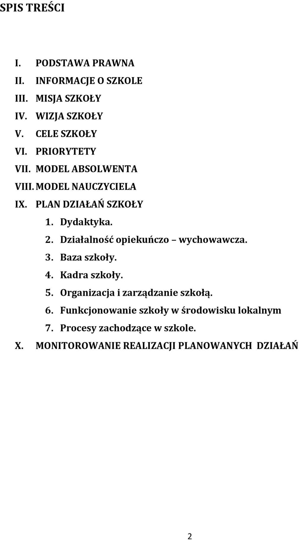 Działalność opiekuńczo wychowawcza. 3. Baza szkoły. 4. Kadra szkoły. 5. Organizacja i zarządzanie szkołą. 6.