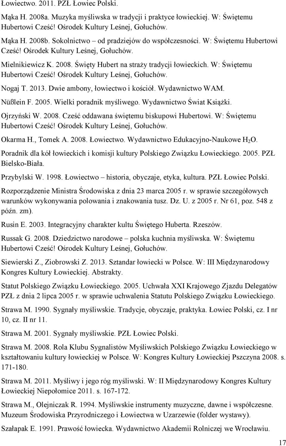 W: Świętemu Hubertowi Cześć! Ośrodek Kultury Leśnej, Gołuchów. Nogaj T. 2013. Dwie ambony, łowiectwo i kościół. Wydawnictwo WAM. Nüßlein F. 2005. Wielki poradnik myśliwego. Wydawnictwo Świat Książki.