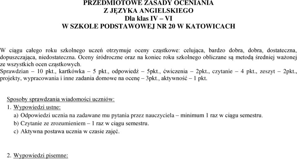 , kartkówka 5 pkt., odpowiedź 5pkt., ćwiczenia 2pkt., czytanie 4 pkt., zeszyt 2pkt., projekty, wypracowania i inne zadania domowe na ocenę 3pkt., aktywność 1 pkt.