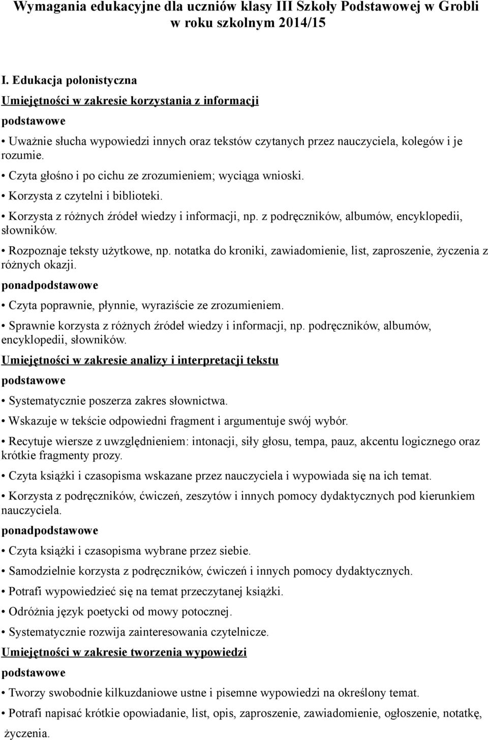 Czyta głośno i po cichu ze zrozumieniem; wyciąga wnioski. Korzysta z czytelni i biblioteki. Korzysta z różnych źródeł wiedzy i informacji, np. z podręczników, albumów, encyklopedii, słowników.