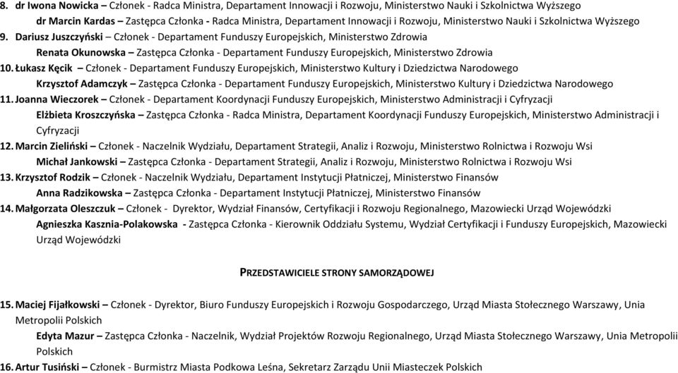 Dariusz Juszczyński Członek - Departament Funduszy Europejskich, Ministerstwo Zdrowia Renata Okunowska Zastępca Członka - Departament Funduszy Europejskich, Ministerstwo Zdrowia 10.