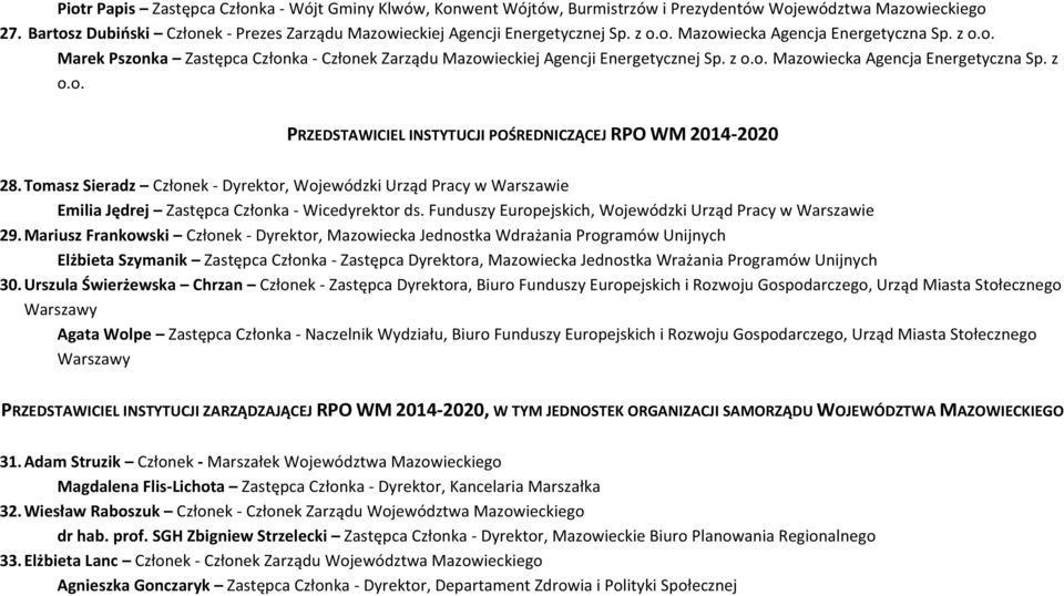 Tomasz Sieradz Członek - Dyrektor, Wojewódzki Urząd Pracy w Warszawie Emilia Jędrej Zastępca Członka - Wicedyrektor ds. Funduszy Europejskich, Wojewódzki Urząd Pracy w Warszawie 29.