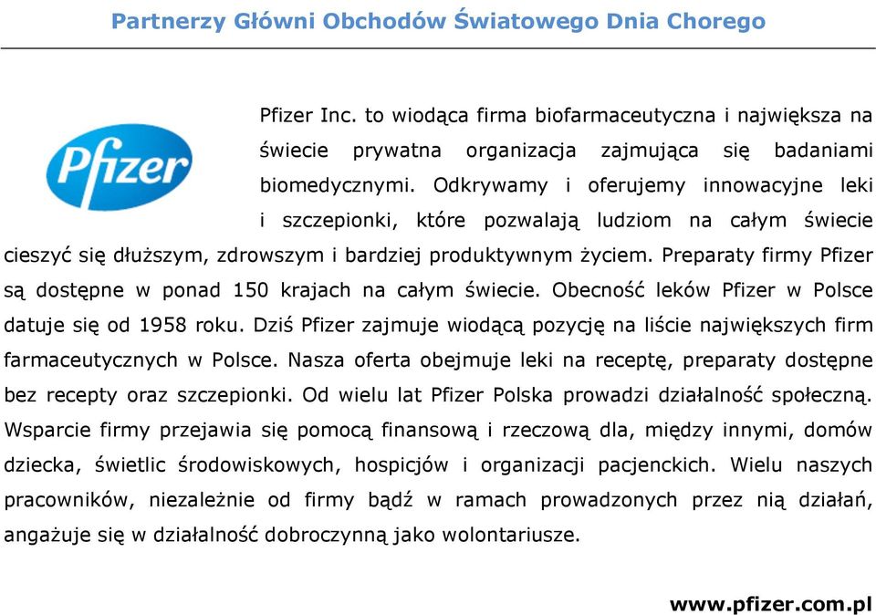 Preparaty firmy Pfizer są dostępne w ponad 150 krajach na całym świecie. Obecność leków Pfizer w Polsce datuje się od 1958 roku.