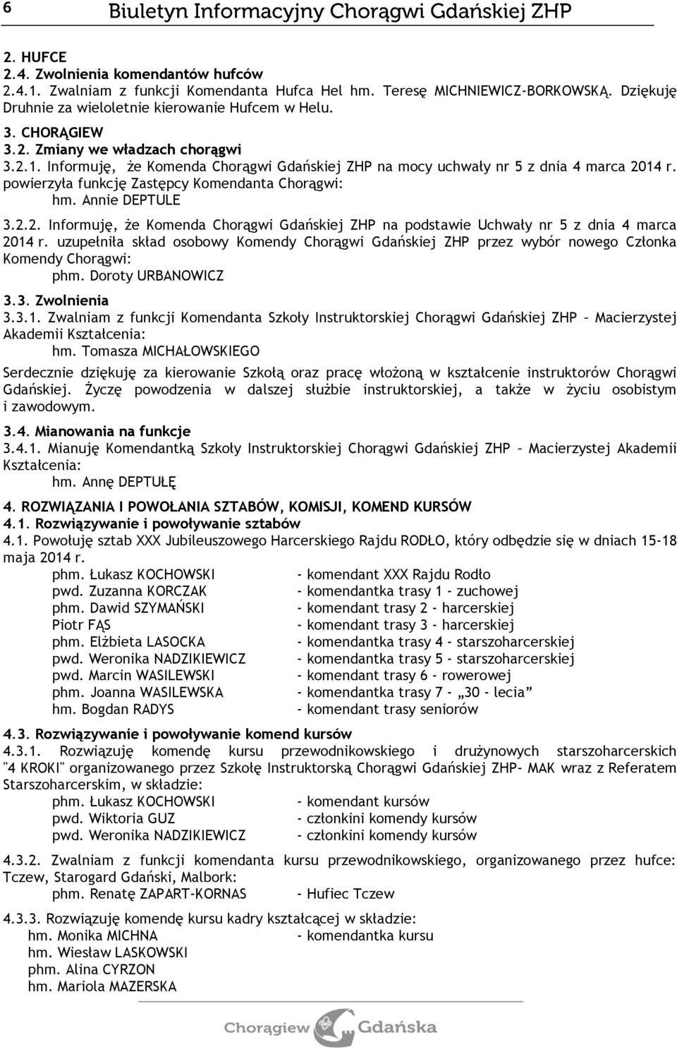 uzupełniła skład osobowy Komendy Chorągwi Gdańskiej ZHP przez wybór nowego Członka Komendy Chorągwi: phm. Doroty URBANOWICZ 3.3. Zwolnienia 3.3.1.