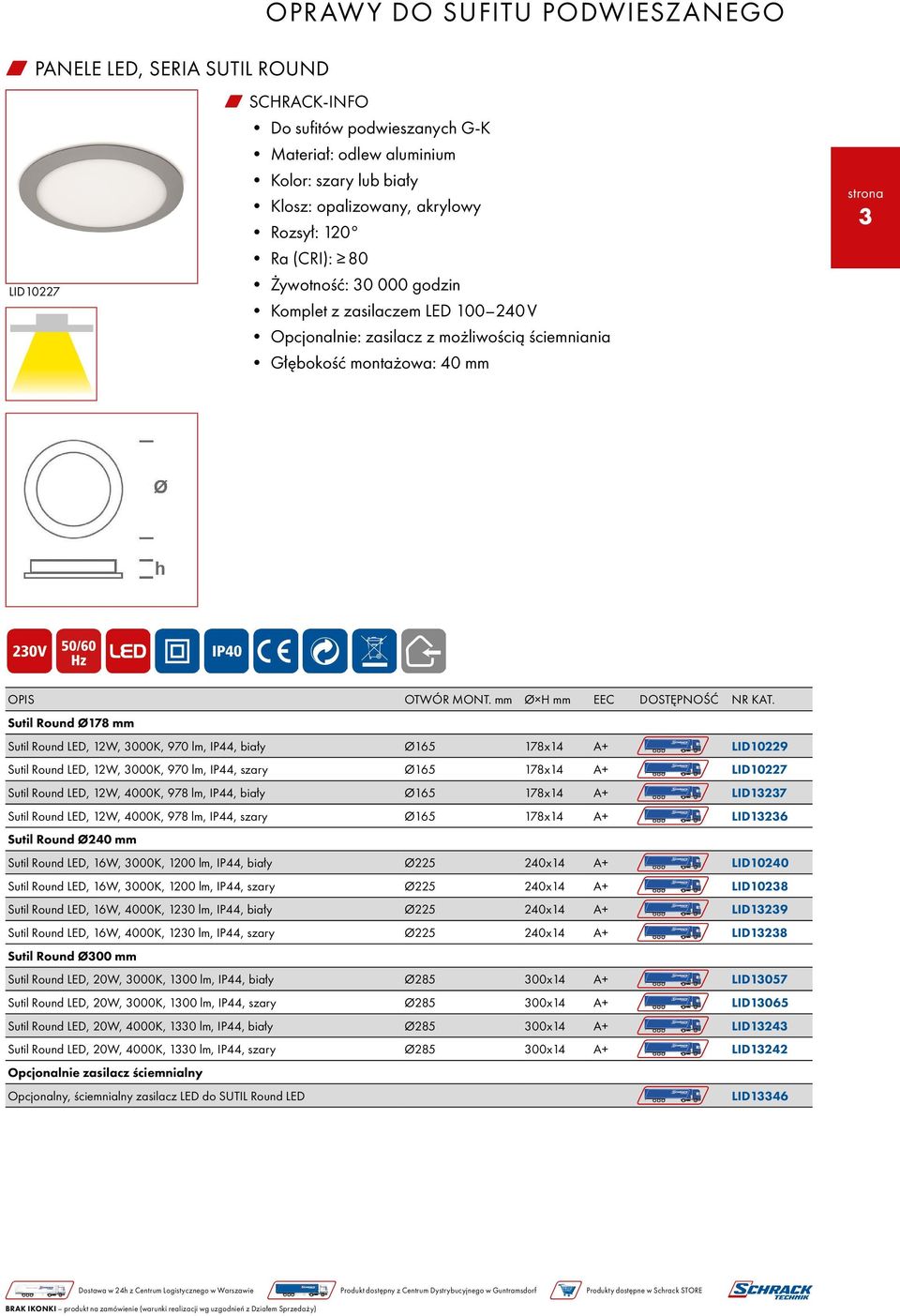 Sutil Round LED, 1W, 3000K, 970 lm, IP44, biały Ø16 178x14 A+ LID109 Sutil Round LED, 1W, 3000K, 970 lm, IP44, szary Ø16 178x14 A+ LID107 Sutil Round LED, 1W, 4000K, 978 lm, IP44, biały Ø16 178x14 A+