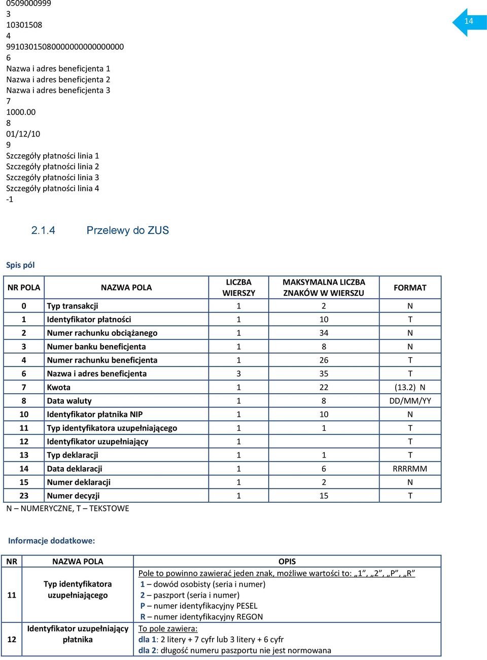 12/10 9 Szczegóły płatności linia 1 Szczegóły płatności linia 2 Szczegóły płatności linia Szczegóły płatności linia -1 1 2.1. Przelewy do ZUS Spis pól NR POLA NAZWA POLA LICZBA WIERSZY MAKSYMALNA