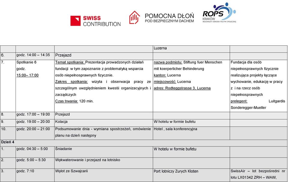 17:00 19:00 Przejazd Luzerna nazwa podmiotu: Stiftung fuer Menschen mit koerperlicher Behinderung kanton: Lucerna miejscowość: Lucerna adres: Rodteggstrasse 3, Lucerna Fundacja dla osób