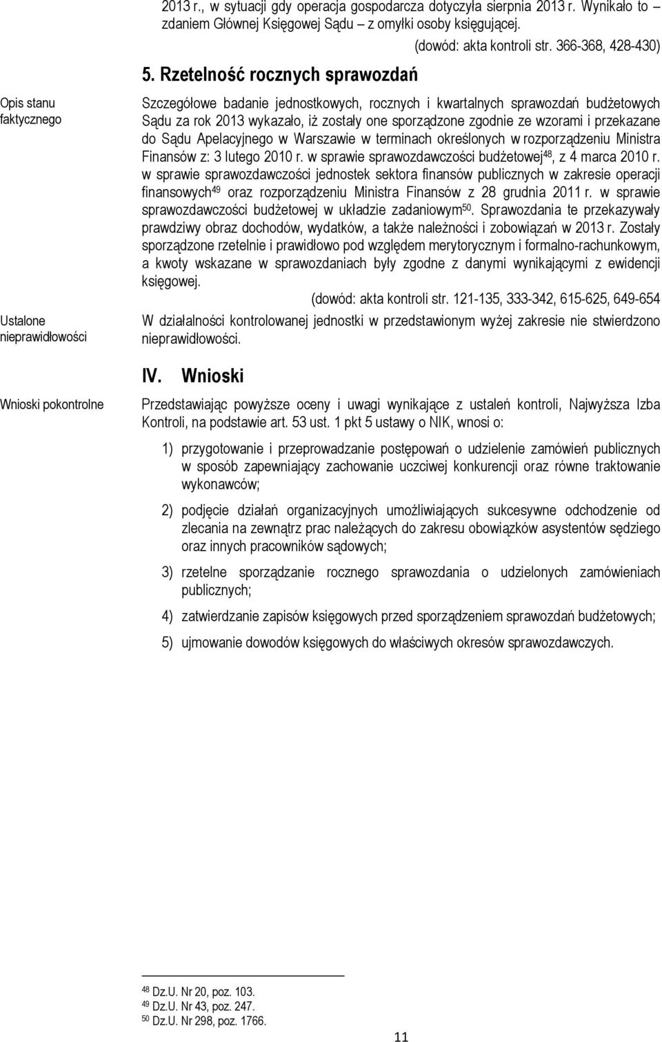 Rzetelność rocznych sprawozdań Szczegółowe badanie jednostkowych, rocznych i kwartalnych sprawozdań budżetowych Sądu za rok 2013 wykazało, iż zostały one sporządzone zgodnie ze wzorami i przekazane