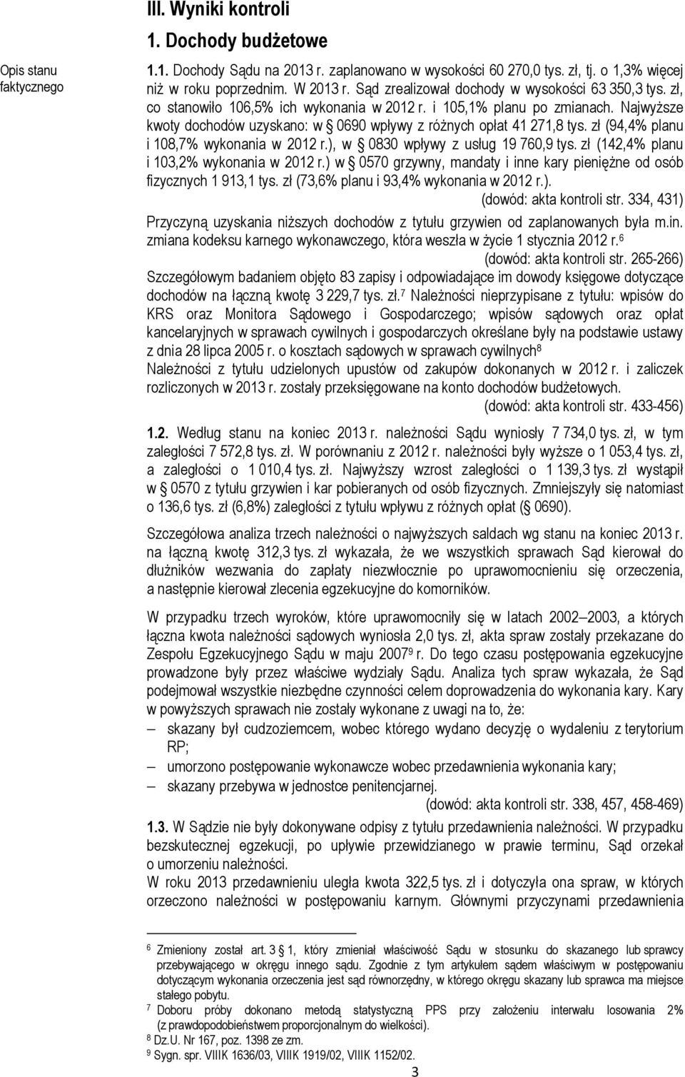 Najwyższe kwoty dochodów uzyskano: w 0690 wpływy z różnych opłat 41 271,8 tys. zł (94,4% planu i 108,7% wykonania w 2012 r.), w 0830 wpływy z usług 19 760,9 tys.