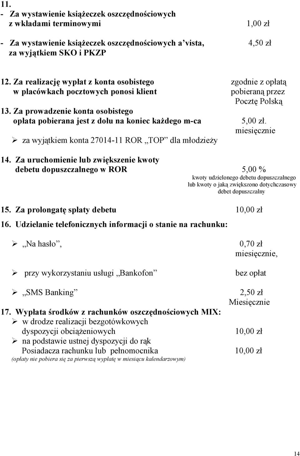 Za prowadzenie konta osobistego opłata pobierana jest z dołu na koniec każdego m-ca za wyjątkiem konta 27014-11 ROR TOP dla młodzieży 5,00 zł. miesięcznie 14.