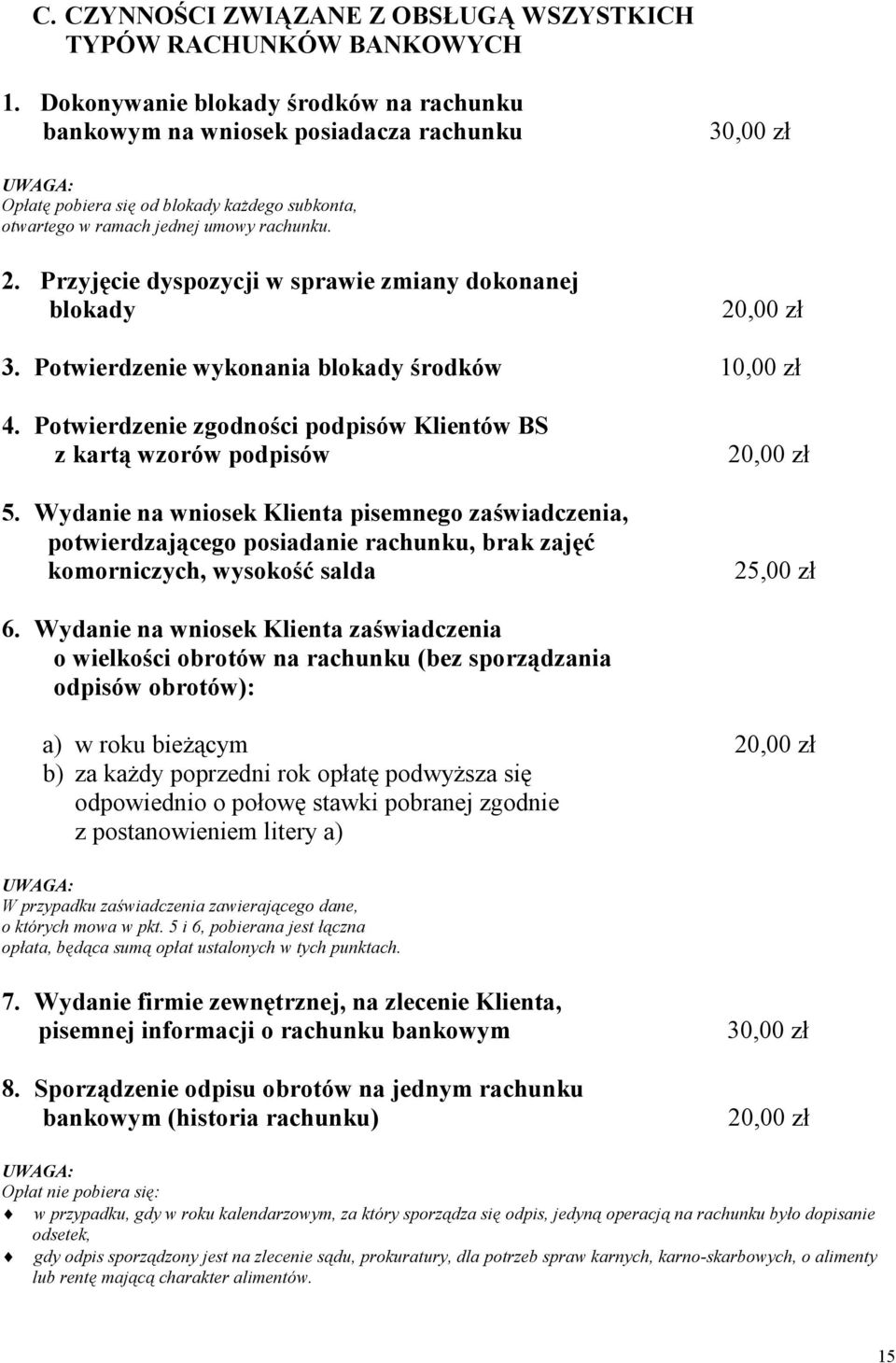 Przyjęcie dyspozycji w sprawie zmiany dokonanej blokady 20,00 zł 3. Potwierdzenie wykonania blokady środków 10,00 zł 4. Potwierdzenie zgodności podpisów Klientów BS z kartą wzorów podpisów 5.