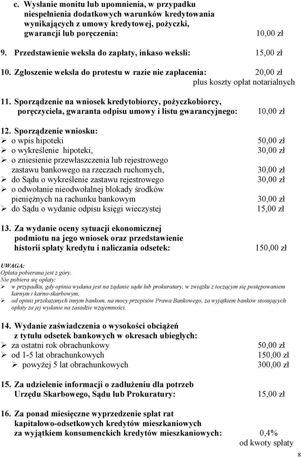 Sporządzenie na wniosek kredytobiorcy, pożyczkobiorcy, poręczyciela, gwaranta odpisu umowy i listu gwarancyjnego: 12.