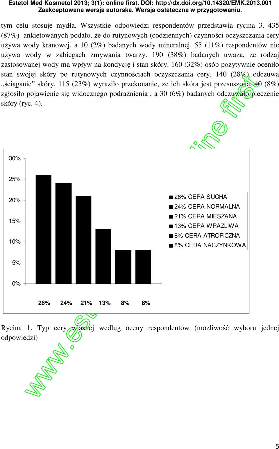 55 (11%) respondentów nie uŝywa wody w zabiegach zmywania twarzy. 190 (38%) badanych uwaŝa, Ŝe rodzaj zastosowanej wody ma wpływ na kondycję i stan skóry.