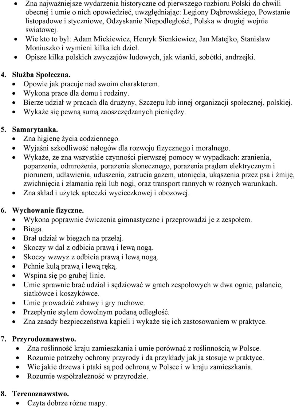 Opisze kilka polskich zwyczajów ludowych, jak wianki, sobótki, andrzejki. 4. Służba Społeczna. Opowie jak pracuje nad swoim charakterem. Wykona prace dla domu i rodziny.