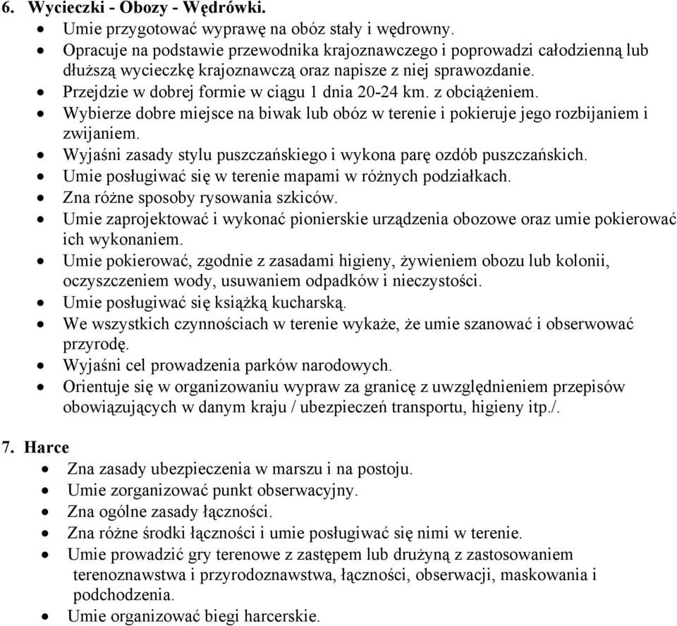 z obciążeniem. Wybierze dobre miejsce na biwak lub obóz w terenie i pokieruje jego rozbijaniem i zwijaniem. Wyjaśni zasady stylu puszczańskiego i wykona parę ozdób puszczańskich.