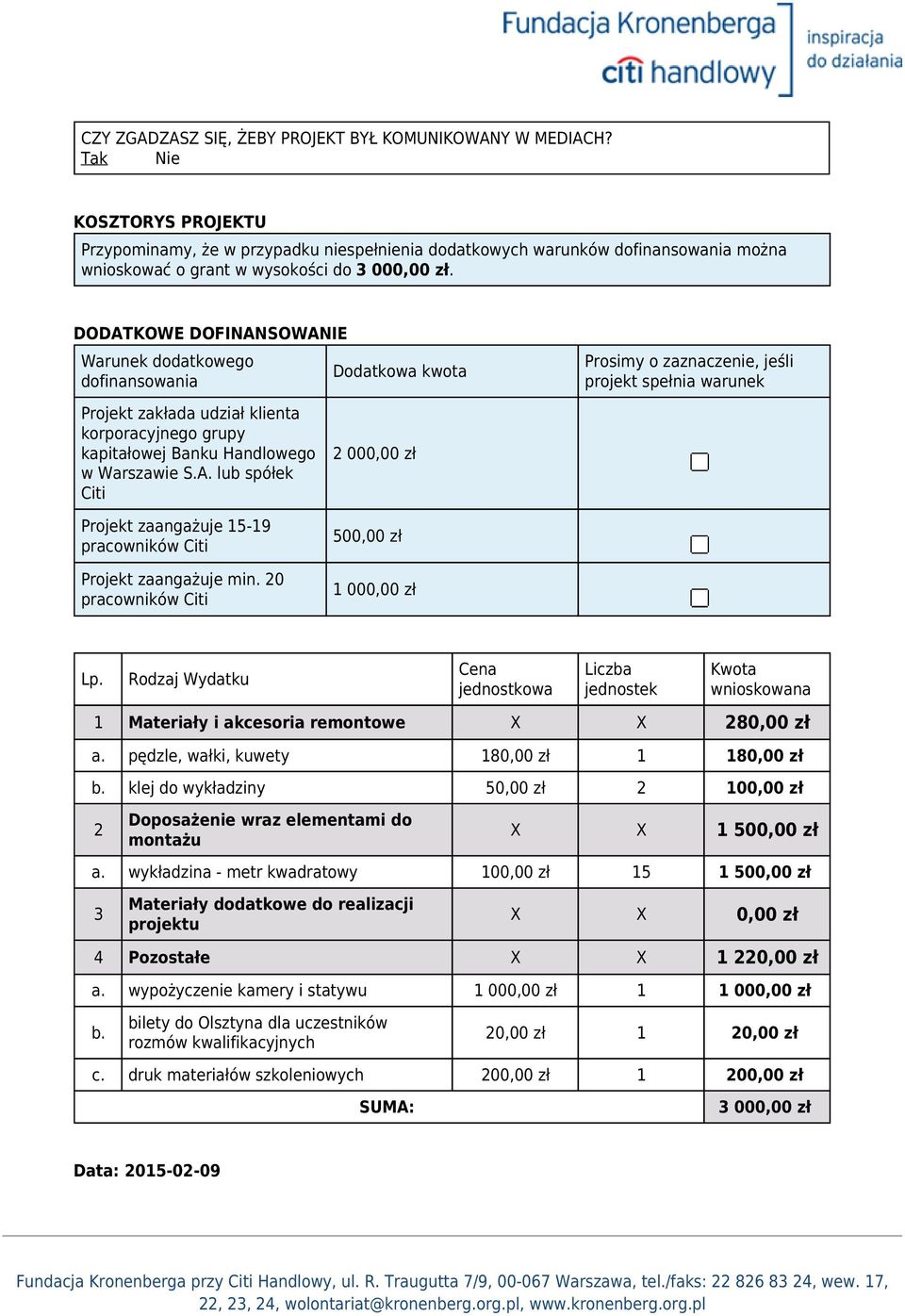 DODATKOWE DOFINANSOWANIE Warunek dodatkowego dofinansowania Dodatkowa kwota Prosimy o zaznaczenie, jeśli projekt spełnia warunek Projekt zakłada udział klienta korporacyjnego grupy kapitałowej Banku