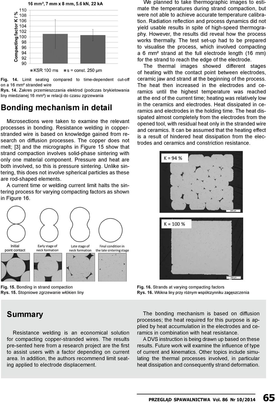 Zakres przemieszczania elektrod (podczas brykietowania liny miedzianej 16 mm²) w relacji do czasu zgrzewania Bonding mechanism in detail Microsections were taken to examine the relevant processes in