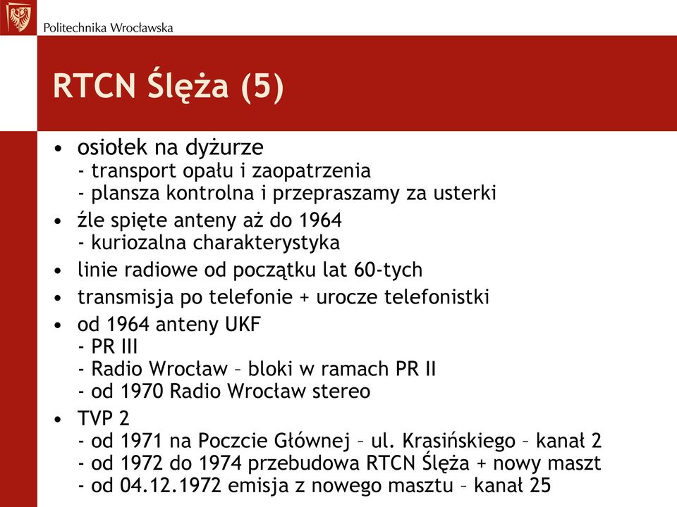 telefonistki od 1964 anteny UKF - PR III - Radio Wrocław bloki w ramach PR II - od 1970 Radio Wrocław stereo TVP 2 - od 1971 na