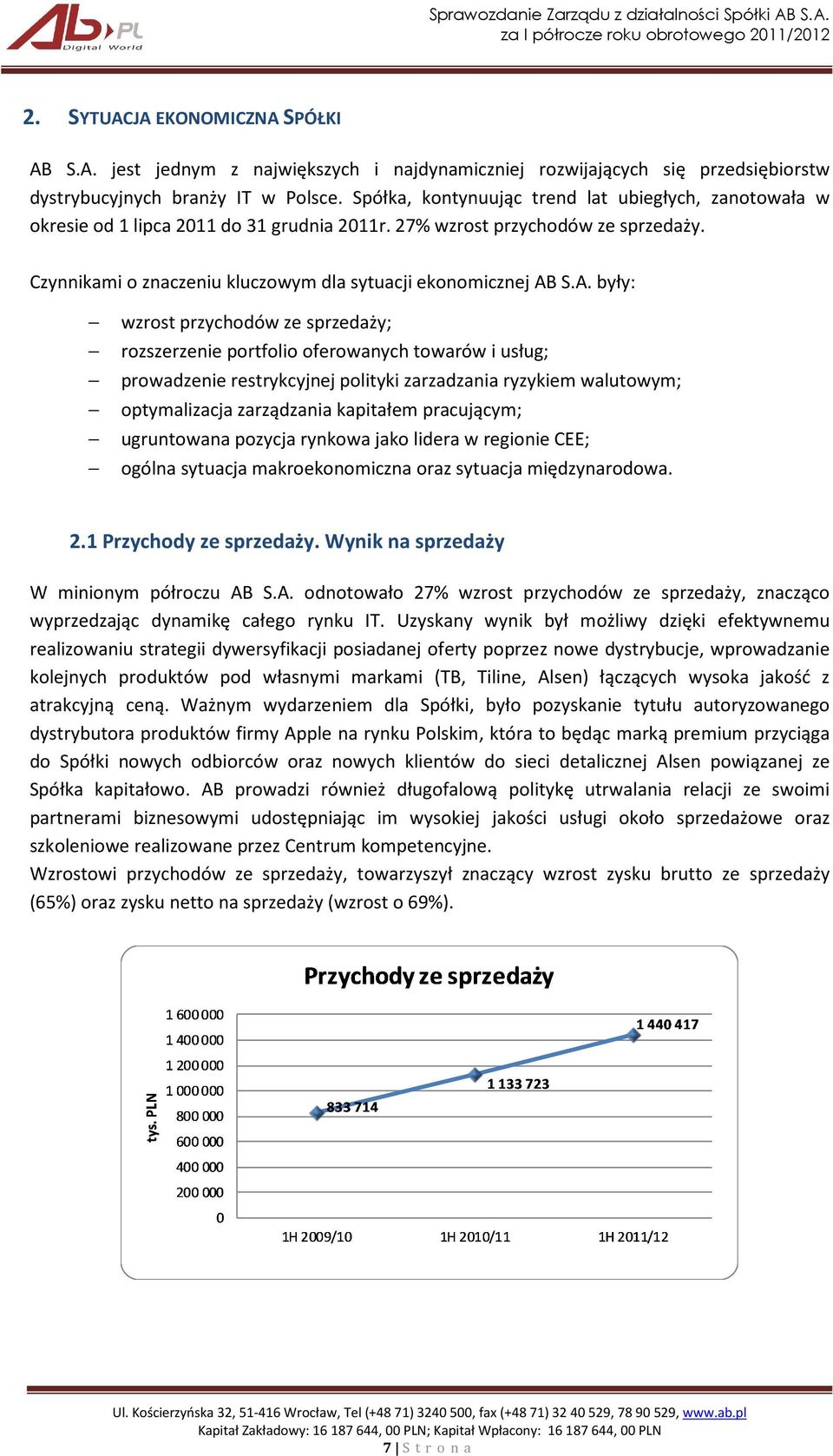 Czynnikami o znaczeniu kluczowym dla sytuacji ekonomicznej AB były: wzrost przychodów ze sprzedaży; rozszerzenie portfolio oferowanych towarów i usług; prowadzenie restrykcyjnej polityki zarzadzania