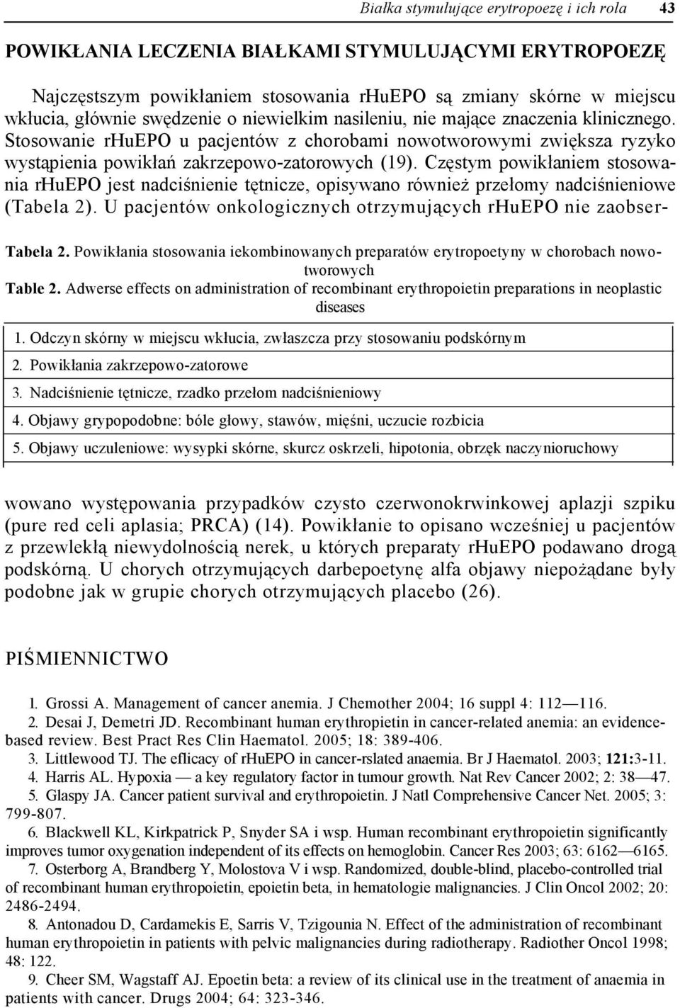 Częstym powikłaniem stosowania rhuepo jest nadciśnienie tętnicze, opisywano również przełomy nadciśnieniowe (Tabela 2). U pacjentów onkologicznych otrzymujących rhuepo nie zaobser- Tabela 2.