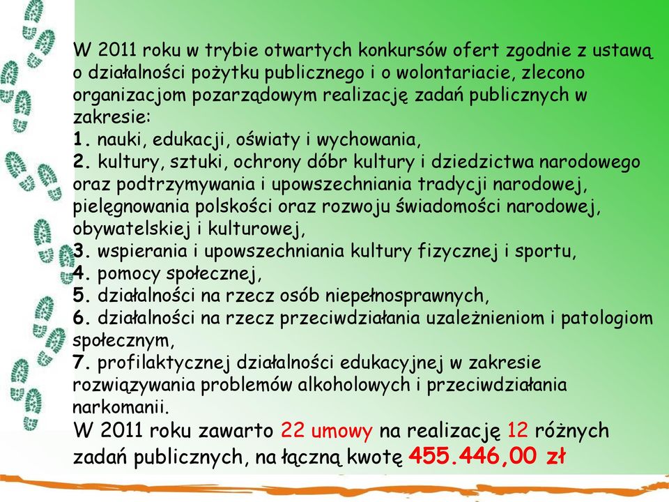 kultury, sztuki, ochrony dóbr kultury i dziedzictwa narodowego oraz podtrzymywania i upowszechniania tradycji narodowej, pielęgnowania polskości oraz rozwoju świadomości narodowej, obywatelskiej i