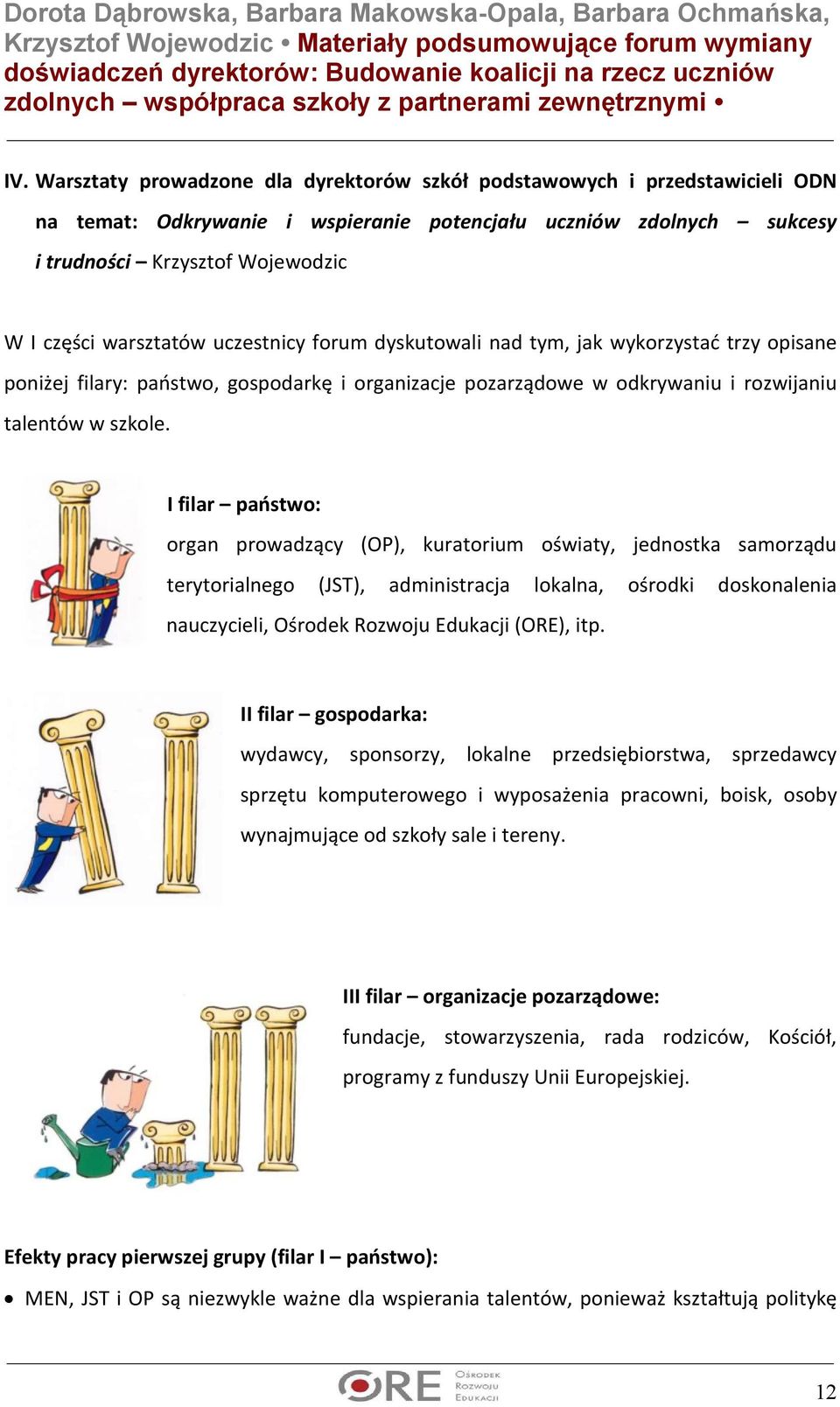 I filar państwo: organ prowadzący (OP), kuratorium oświaty, jednostka samorządu terytorialnego (JST), administracja lokalna, ośrodki doskonalenia nauczycieli, Ośrodek Rozwoju Edukacji (ORE), itp.