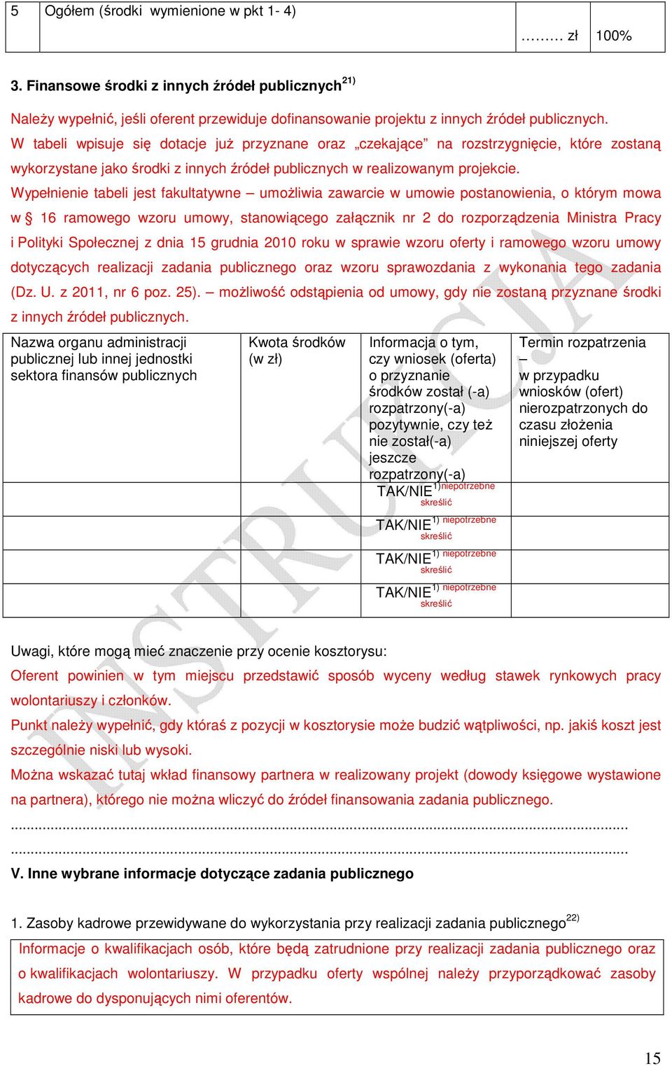 Wypełnienie tabeli jest fakultatywne umoŝliwia zawarcie w umowie postanowienia, o którym mowa w 16 ramowego wzoru umowy, stanowiącego załącznik nr 2 do rozporządzenia Ministra Pracy i Polityki