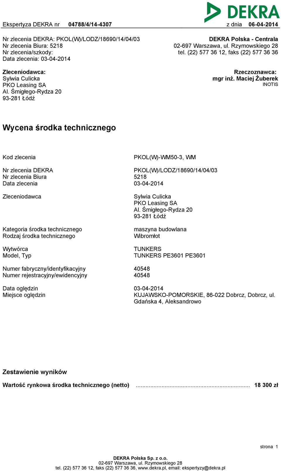 Maciej Żuberek INOTIS Wycena środka technicznego Kod zlecenia PKOL(W)-WM50-3, WM Nr zlecenia DEKRA Nr zlecenia Biura Data zlecenia PKOL(W)/LODZ/18690/14/04/03 5218 03-04-2014 Zleceniodawca Sylwia