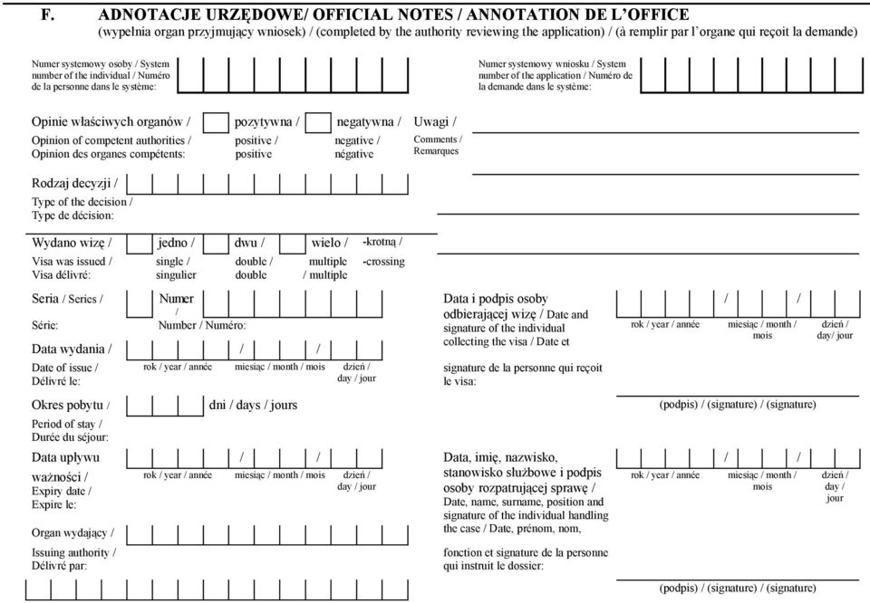 système: Opinie właściwych organów / pozytywna / negatywna / Uwagi / Opinion of competent authorities / Opinion des organes compétents: Rodzaj decyzji / Type of the decision / Type de décision: