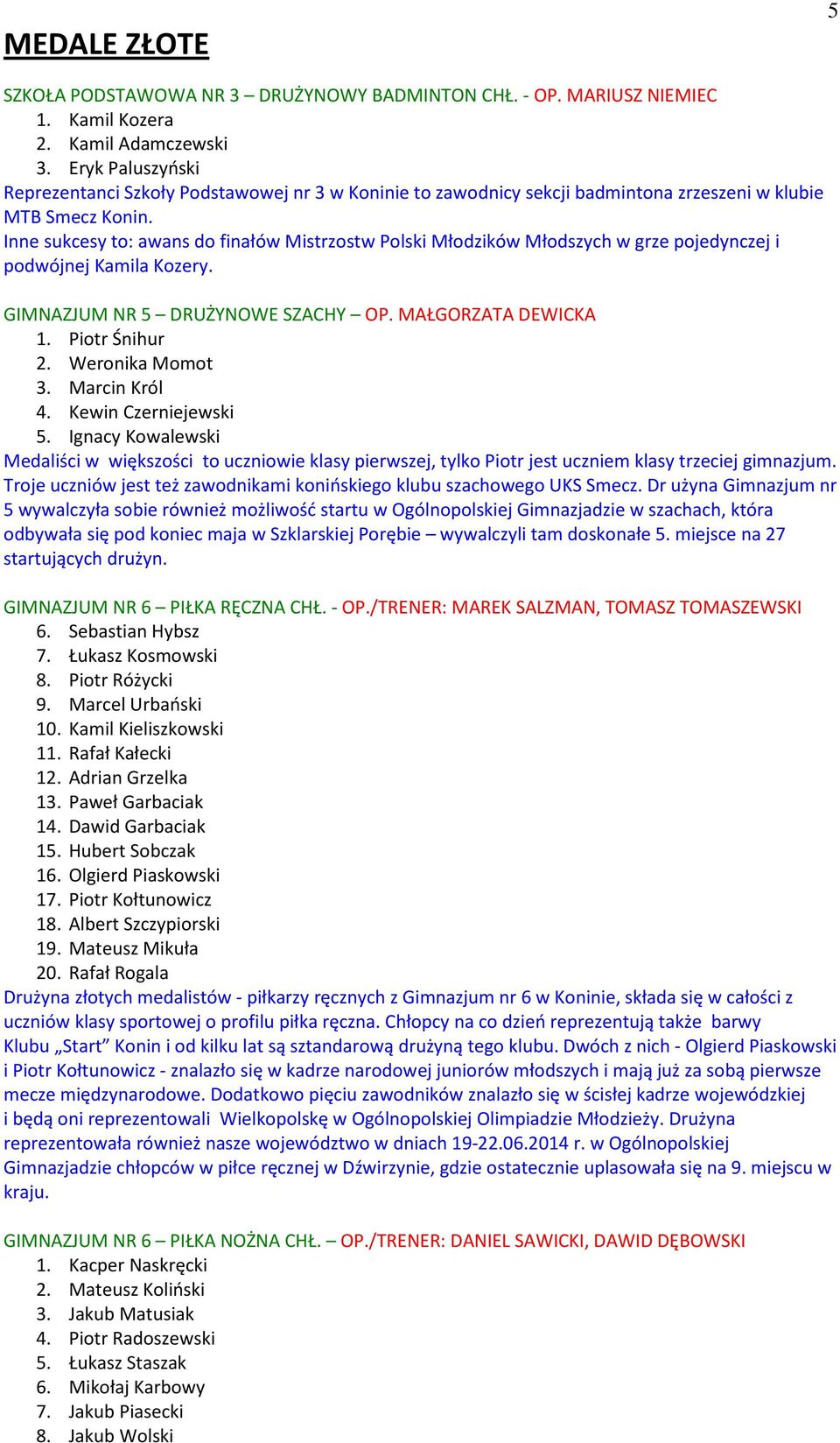 Inne sukcesy to: awans do finałów Mistrzostw Polski Młodzików Młodszych w grze pojedynczej i podwójnej Kamila Kozery. GIMNAZJUM NR 5 DRUŻYNOWE SZACHY OP. MAŁGORZATA DEWICKA 1. Piotr Śnihur 2.