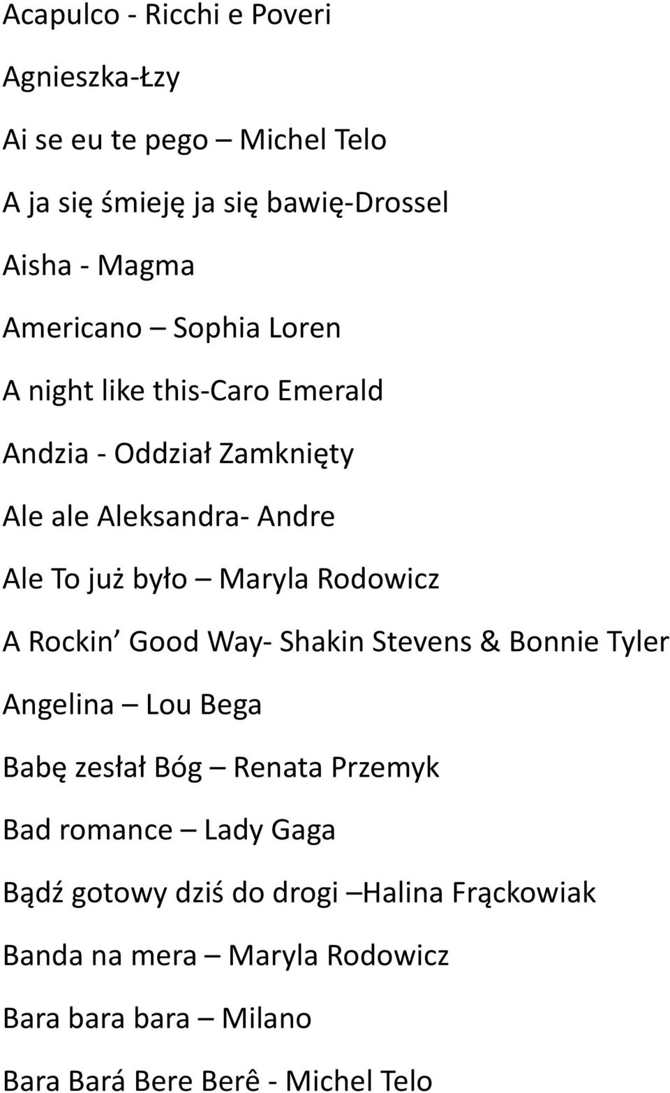 Maryla Rodowicz A Rockin Good Way- Shakin Stevens & Bonnie Tyler Angelina Lou Bega Babę zesłał Bóg Renata Przemyk Bad romance