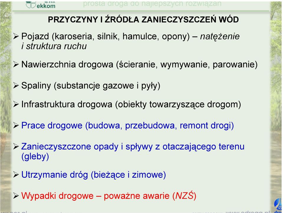 drogowa (obiekty towarzyszące drogom) Prace drogowe (budowa, przebudowa, remont drogi) Zanieczyszczone opady