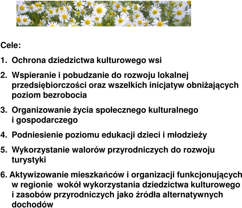 Organizowanie życia społecznego kulturalnego i gospodarczego 4. Podniesienie poziomu edukacji dzieci i młodzieży 5.