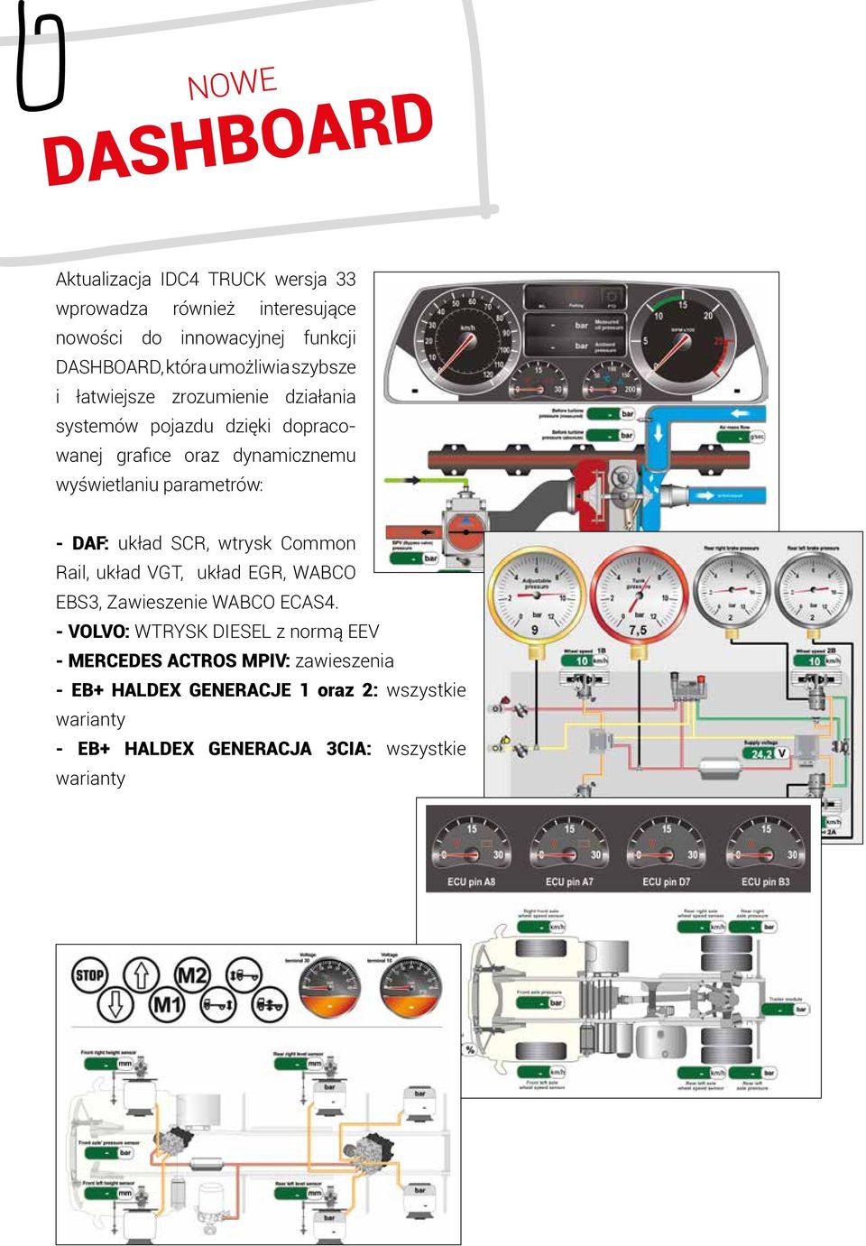 parametrów: - DAF: układ SCR, wtrysk Common Rail, układ VGT, układ EGR, WABCO EBS3, Zawieszenie WABCO ECAS4.